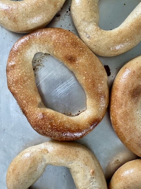 Bagels on a tray.