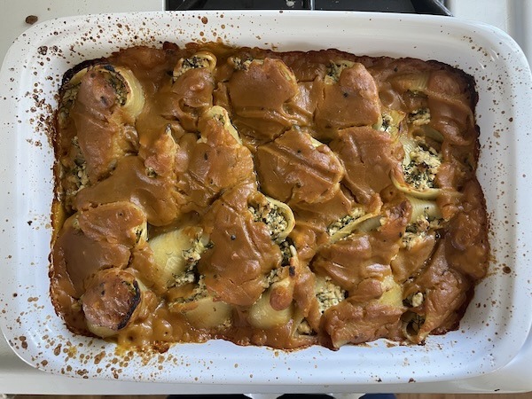 a casserole of baked stuffed shells