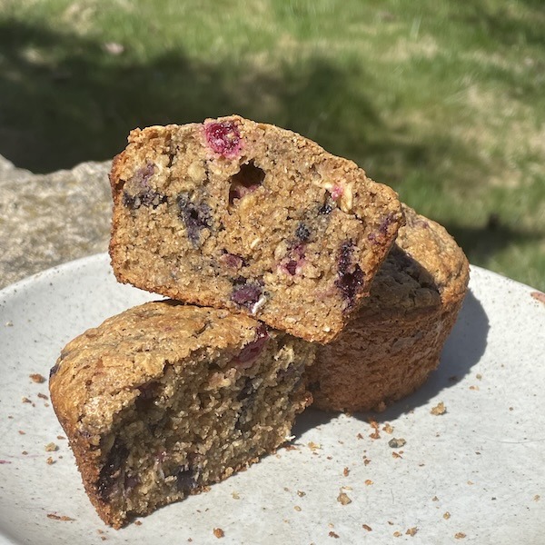 Two cranberry oatmeal muffins on a plate outside.