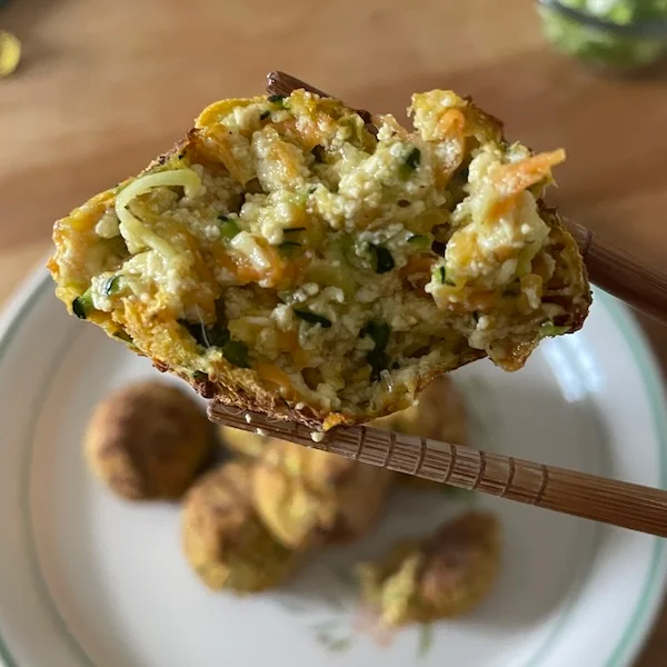 A close up of a tofu ball made with cornstarch and no egg.