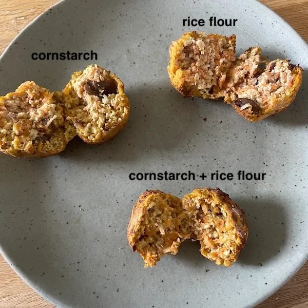 tofu balls made with cornstarch and rice flour cut open in comparison on a plate.