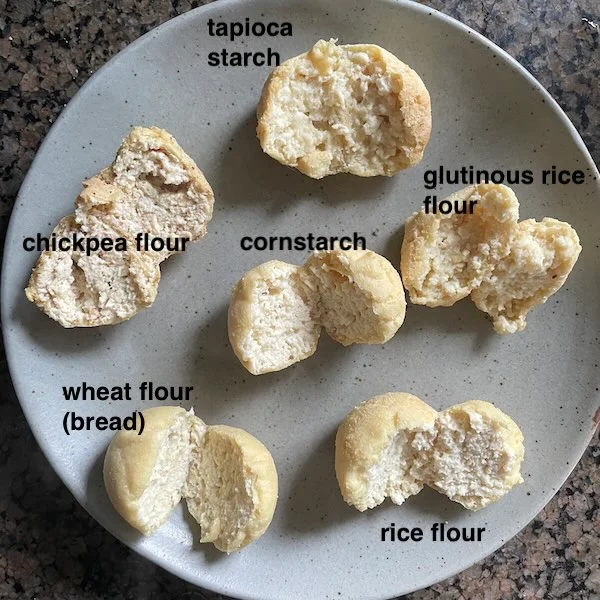 tofu balls made with different binders split open to reveal texture.