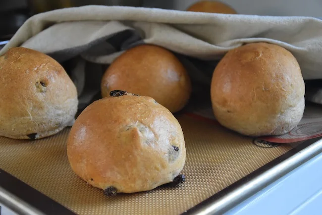 Raisin buns fresh from the oven half covered with a tea towel.