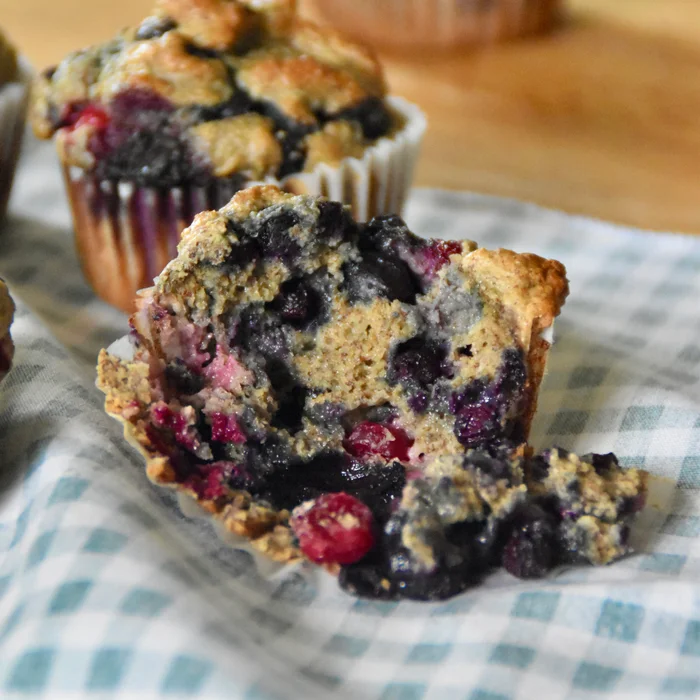 crumb shot of berry oatmeal blender muffin