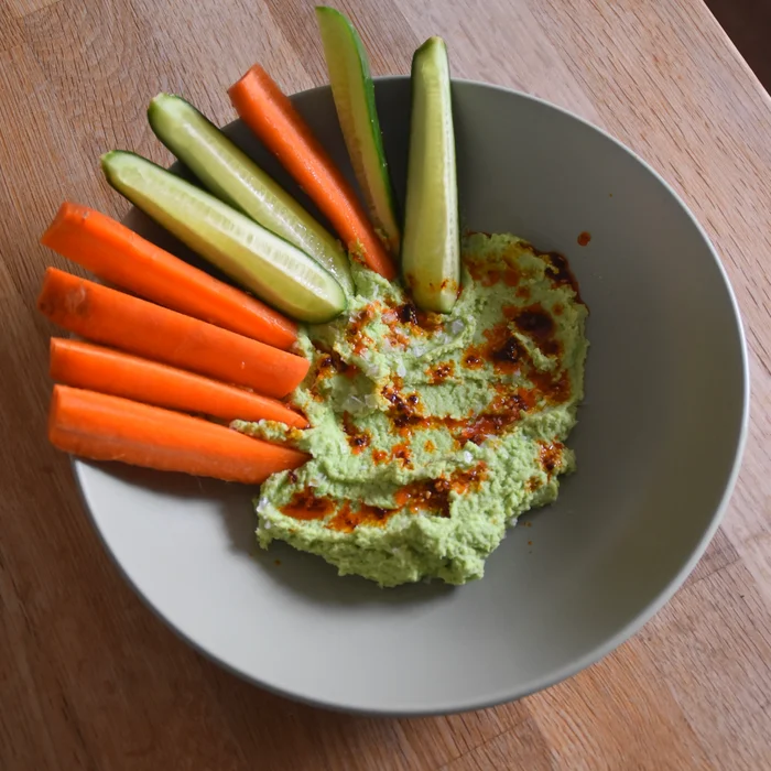 This simple edamame spread can be served as a high-protein dip with vegetables.