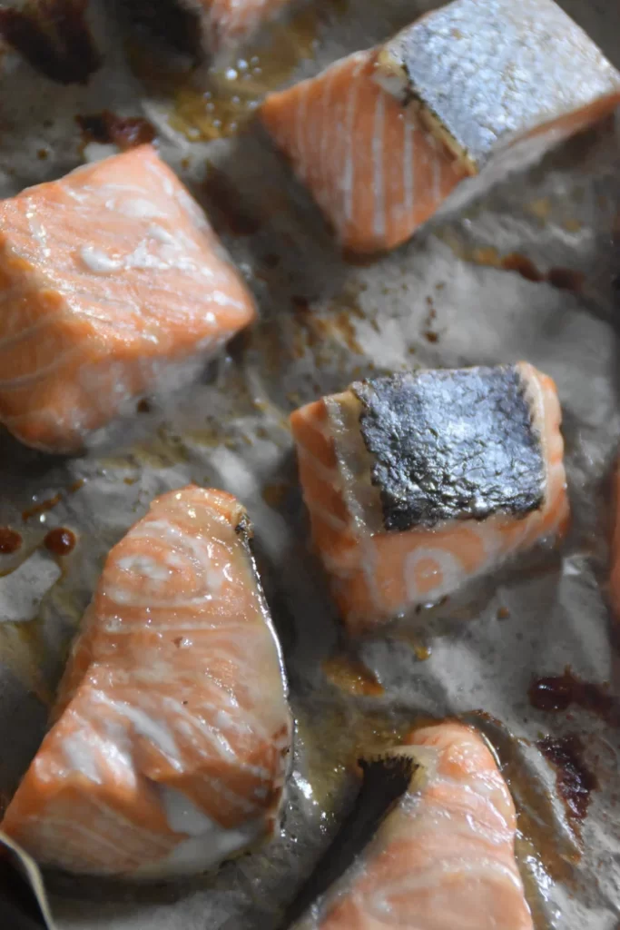 A close up of cooked maple baked salmon.